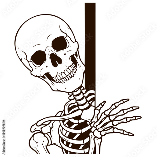 Skeleton peeking from behind, comic spooky character, halloween decoration, surprise concept