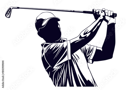 Male golfer swinging golf iron on tee shot detailed vector illustration for sport