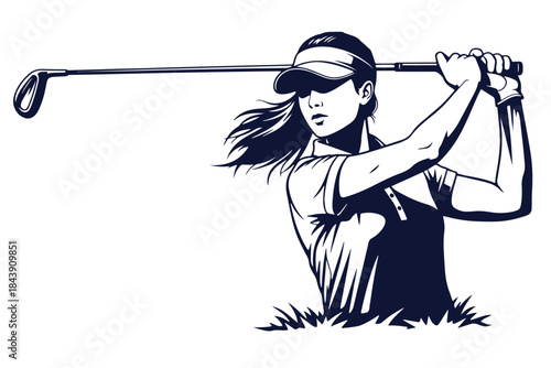 Stylish female golfer swinging golf iron on tee shot vector illustration