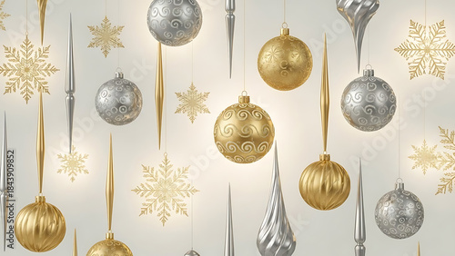 Hanging Gold and Silver Christmas Ornaments with Snowflakes in Indoor Festive Decoration, Close-Up View, Holiday Concept