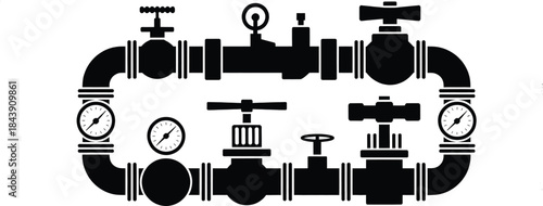"Vector Set of Plumbing Pipes and Valves with Pressure Gauges"