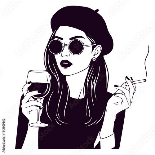 Woman with beret round sunglasses smoking cigarette holding glass of wine art