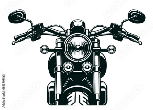 Vintage motorcycle front view with headlight, handlebars, and engine elements isolated