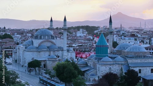 Aerial view of the Mevlana Museum and Sultan Selim Mosque in Konya city center. 