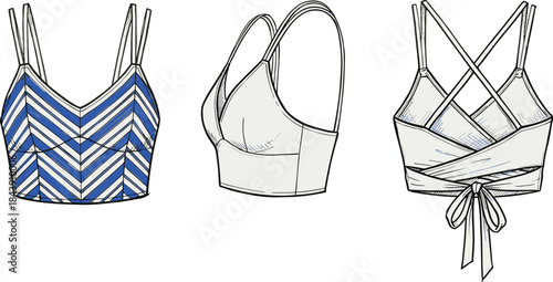 Crop top fashion sketch, chevron pattern, double straps, crisscross back, tied bow, garment design, technical apparel, flat vector illustration