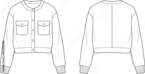 Cropped cardigan jacket technical sketch, front back view, chest pocket button detail design, fashion garment template, flat vector illustration