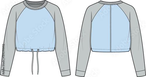 Cropped sweatshirt fashion sketch, raglan sleeve, drawstring hem, front and back view, garment design, technical apparel, flat vector illustration