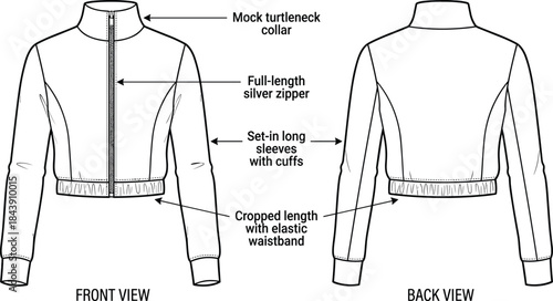 Cropped jacket technical sketch, front back view, mock turtleneck collar, silver zipper, fashion garment template, flat vector illustration