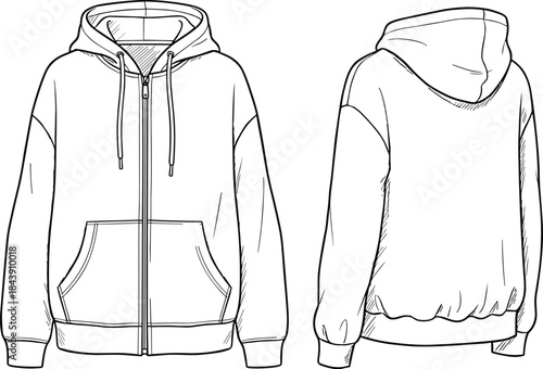 Full-zip hoodie technical sketch, front back view, drawstring hood split pocket design, fashion garment template, flat vector illustration