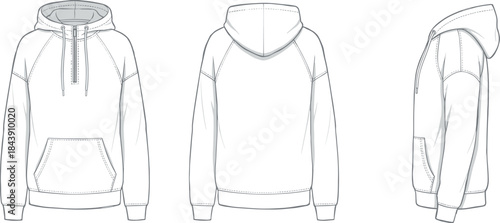 Half-zip hoodie technical sketch, front back side view, drawstring hood kangaroo pocket design, fashion garment template, flat vector illustration