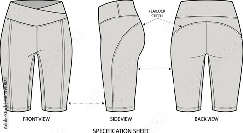 Fitted shorts technical sketch, front side back view, crossover waistband flatlock stitch design, fashion garment template, flat vector illustration