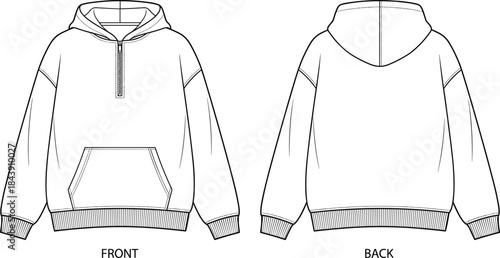 Hooded sweatshirt fashion sketch, front and back view, kangaroo pocket, partial zipper, ribbed hem, technical garment, flat vector illustration