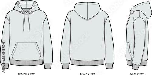 Hooded sweatshirt technical sketch, front back side view, drawstring kangaroo pocket design, fashion garment template, flat vector illustration