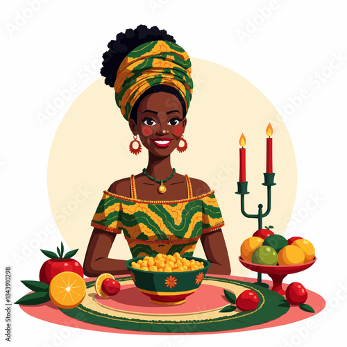 Young African woman celebrating Kwanzaa with traditional food and decor  