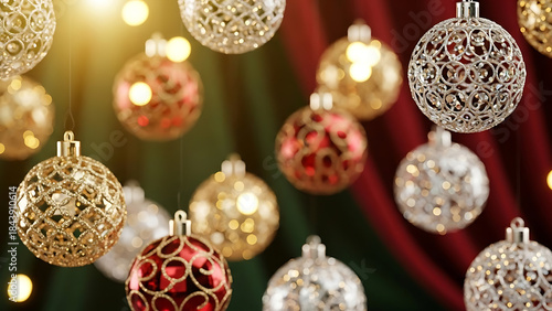 Decorative Christmas Ornaments Hanging Indoors with Festive Lighting Close-Up View Holiday Celebration Concept