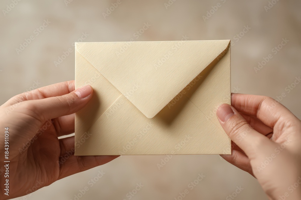 Fototapeta premium Faceless Hands Holding Envelope Cream Desk Background Soft Daylight Space for Text