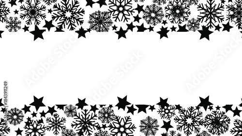 White background with black snowflakes and stars in a scattered pattern