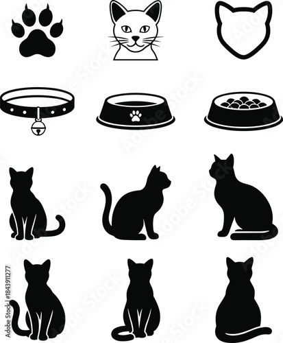 Black and white cat icons and pet accessories illustrations