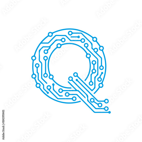A vector icon of the letter 'Q' designed with blue electronic circuit lines, symbolizing Quantum computing, digital quality, and complex technology. Ready in PNG, JPG, and editable EPS formats.