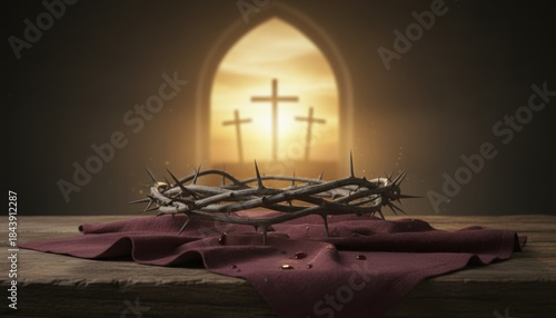 Crown of thorns resting on burgundy cloth with crosses silhouetted in light arched doorway symbolizing Jesus Christ Passion resurrection
