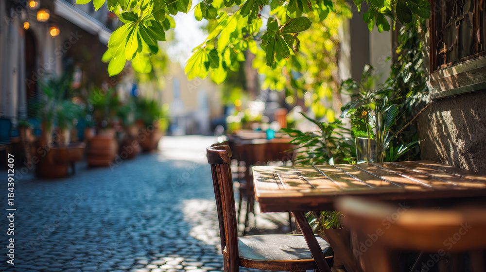 Obraz premium Sunlit outdoor caf? seating with wooden tables and chairs shaded by lush green foliage on a charming cobblestone street in a peaceful urban setting