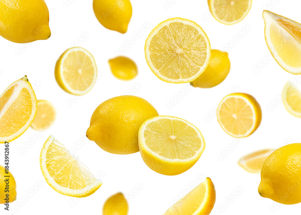 Fototapeta premium Fresh lemons falling on white background. Citrus fruit
