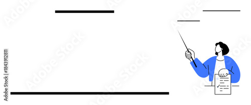 Person pointing with a stick and holding a document, emphasizing information dissemination and guidance. Ideal for learning, education, presentation, training, leadership, communication, simple flat