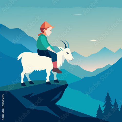 Child riding a white mountain goat on a cliff edge silhouette isolated on white background