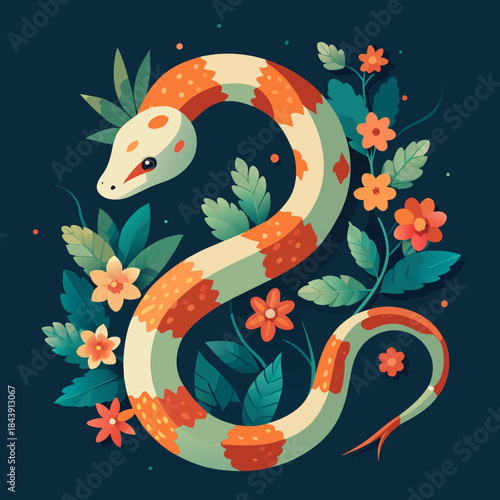 Stylized serpent amidst lush foliage and flowers isolated on white background silhouette