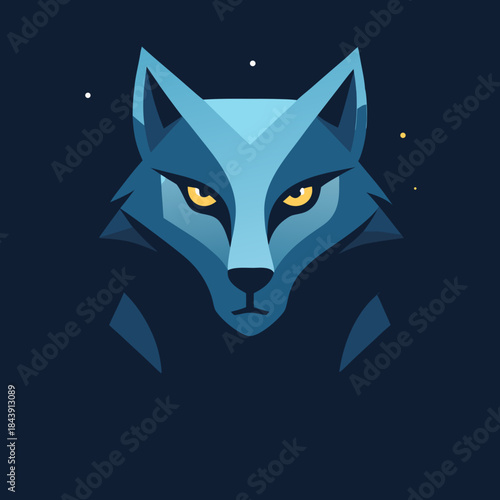 Geometric blue wolf head with yellow eyes silhouette isolated on white background
