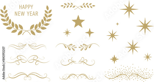 Golden New Year Decorative and Wreath with Stars and Swirls Keywords: new, year, happy, golden
