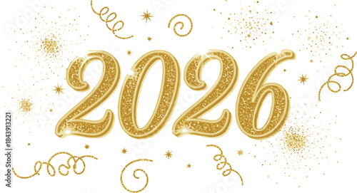Sparkling golden 2026 text with confetti and swirls for New Year celebration