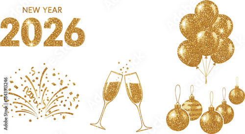 Sparkling Gold New Year 2026 Celebration with Balloons Confetti and Champagne Glasses Keywords
