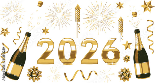 Golden 2026 New Year celebration with champagne bottles and fireworks