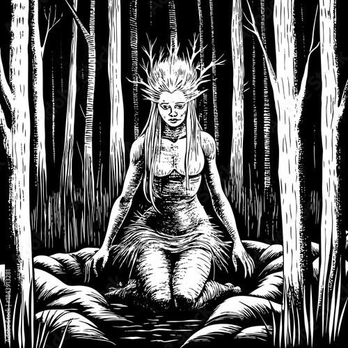 Mysterious forest spirit with antlers kneeling in a grove silhouette isolated on white background