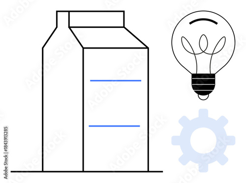 Innovation, sustainability, food packaging, energy efficiency, modern solutions, creative ideas. Minimalist milk carton, bulb gear symbol. Innovation and sustainability concept in design
