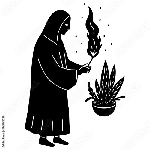 Mysterious figure in hooded robe holding flame near potted plant silhouette isolated on white background