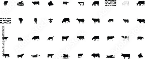 Collection of black silhouette depicting cows and cattle in various farm and field settings