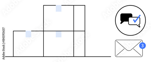 Stacked delivery boxes, an envelope with notification badge, and speech bubbles symbolize logistics, messaging, and updates. Ideal for e-commerce, communication, shipping, notifications customer