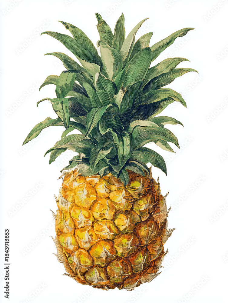 Fototapeta premium realistic pineapple illustration with golden-yellow hexagonal skin and green spiky crown on clean background