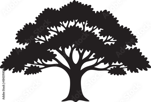 Mighty Oak Tree Broad Canopy Silhouettes isolated on white background