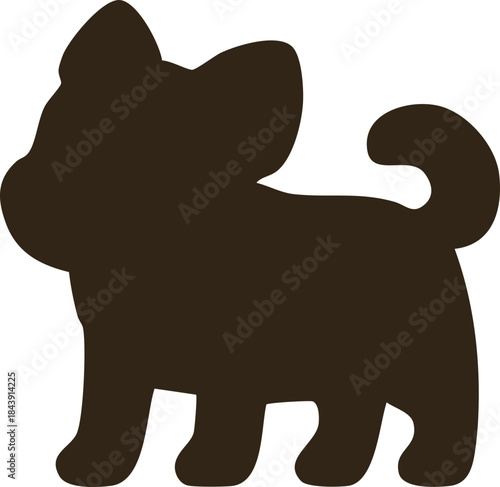 A simple flat silhouette illustration of a dog in solid dark brown, shown in a minimal cartoon shape