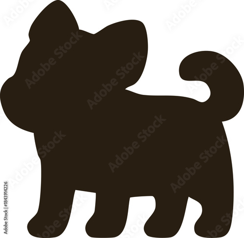 A simple flat silhouette illustration of a dog in solid dark brown, shown in a minimal cartoon shape