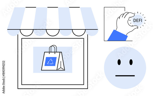 E-commerce, sustainability, decentralized finance, online shopping, blockchain, eco-friendly practices. Storefront with reusable bag icon, hand holding DEFI coin minimal face. E-commerce