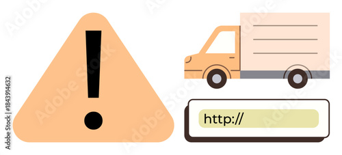 Orange caution sign with exclamation mark, delivery truck, and URL bar for emphasizing warning or error. Ideal for logistics, online delivery issues, web error, e-commerce, alert notifications