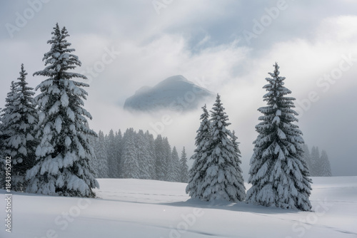Fantastic winter landscape with snowy trees. Carpathian mountains, Ukraine, Europe. Christmas holiday concept 
