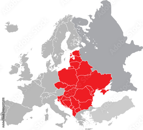 Map of Eastern Europe on European Continent Editable Vector