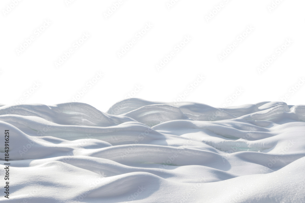 Fototapeta premium White snowy field with hills and smooth snow surface isolated on white background. 