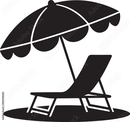Beach Chair and Umbrella Icon: A simple yet evocative icon depicting a classic beach chair reclined under a protective umbrella, symbolizing relaxation, summer vacations, 
