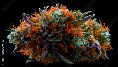 Macro shot of a high-quality cannabis bud rotating on a 360-degree stand, highlighting orange trichomes, vibrant colors, and fine details. Perfect for promoting premium cannabis products